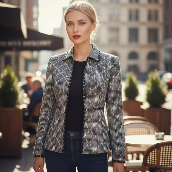 Vintage Jackets & Blazers - VINTAGE GERMANY Houndstooth Wool Boucle Blazer S Tweed Minimalist Jacket E Luxe